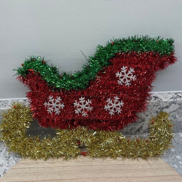 Vintage Tinsel Garland Wrapped Sleigh Frame w/ Snowflakes Christmas Decoration - Picture 1 of 6